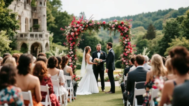 choisir son officiant de cérémonie : Cérémonie de mariage en plein air devant un château, avec un couple échangeant ses vœux sous une arche fleurie, entouré de leurs invités.