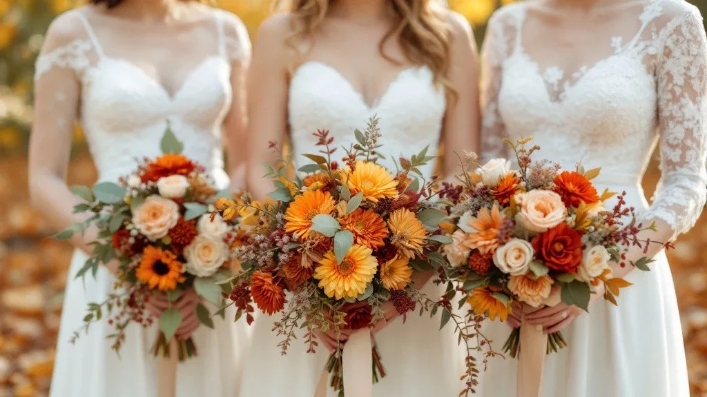 Trois mariées en robes blanches tenant des bouquets de mariage aux couleurs automnales, avec des fleurs dans les tons terracotta, orange et crème, parfaits pour un mariage d’automne.