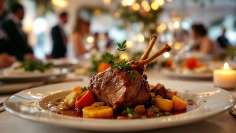 Menu de mariage : Plat gastronomique raffiné servi lors d’un repas de mariage, mettant en avant une viande braisée accompagnée de légumes colorés et d’une sauce savoureuse, dans une ambiance élégante et feutrée.