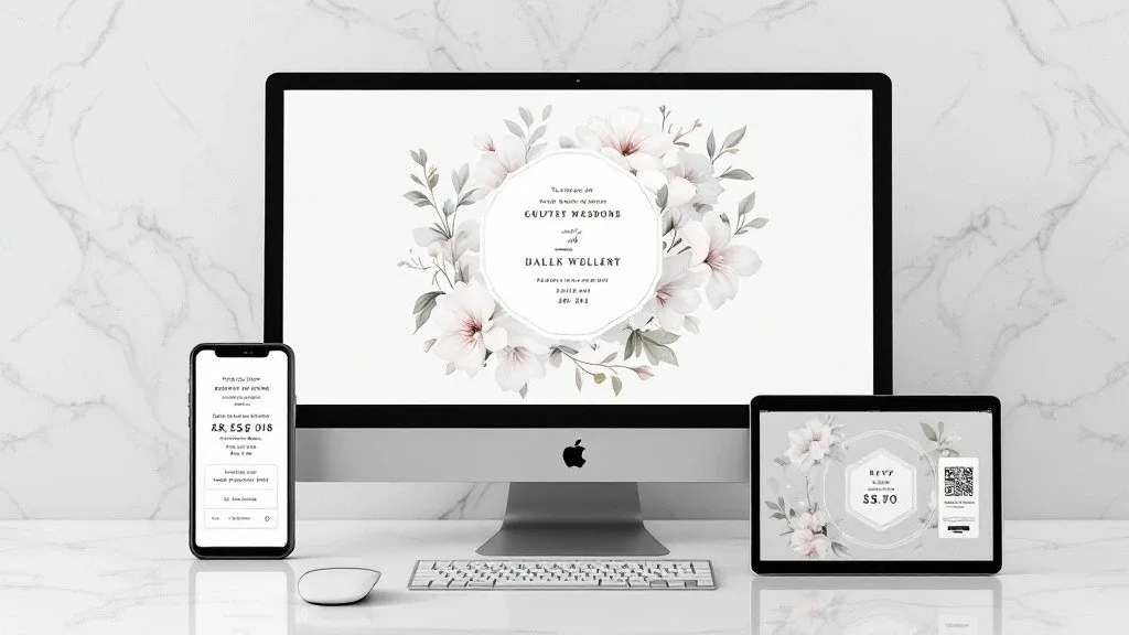 Faire-part de mariage numérique affiché sur un ordinateur, une tablette et un smartphone, mettant en avant un design floral élégant et moderne. L’invitation en ligne comprend un QR code pour faciliter la réponse des invités. Une alternative pratique, interactive et écologique aux faire-part papier traditionnels.