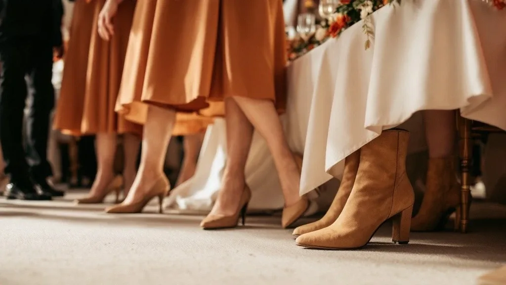 Gros plan sur les chaussures des invitées portant des robes terracotta lors d'un mariage, avec une combinaison élégante d'escarpins nude et de bottines camel sous une table décorée.