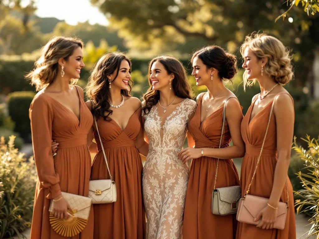 Mariée entourée de ses demoiselles d'honneur vêtues de robes longues terracotta, accessoirisées avec des sacs élégants et des bijoux raffinés, dans un cadre extérieur ensoleillé.