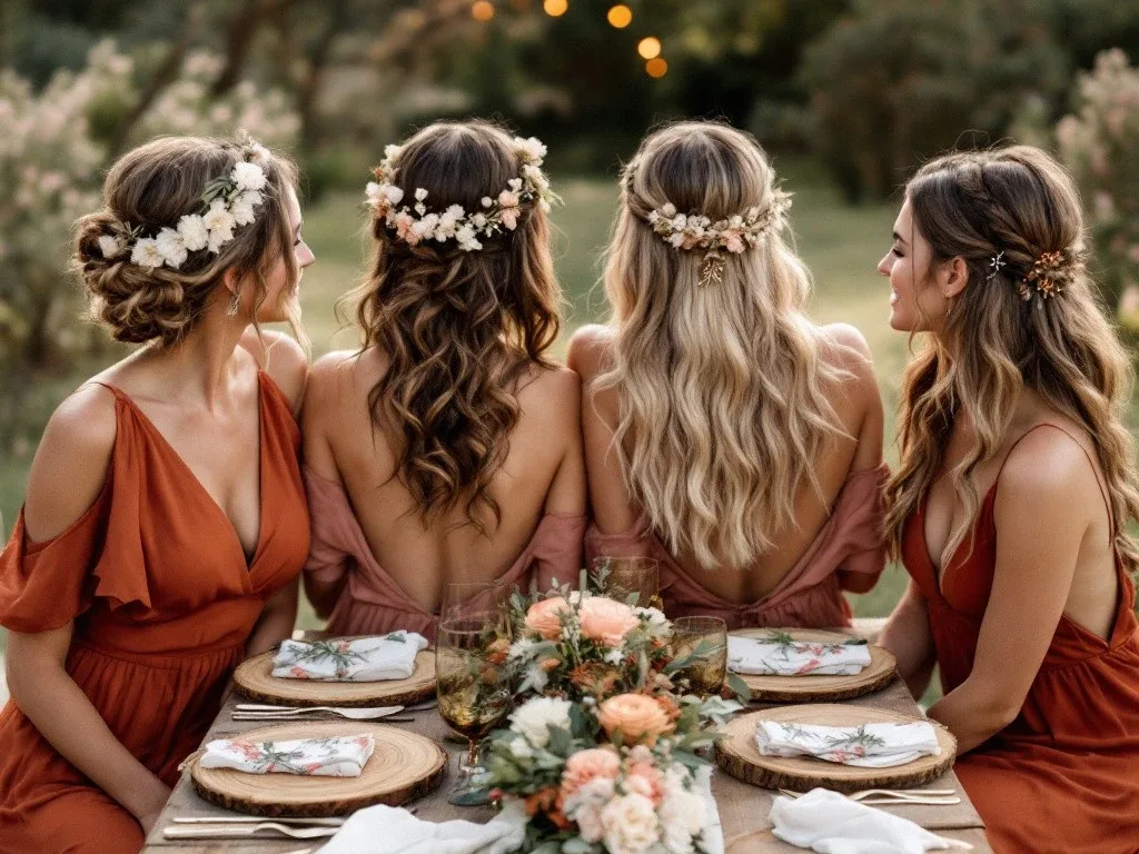 Quatre demoiselles d’honneur vêtues de robes terracotta, assises autour d’une table de mariage champêtre, coiffées de couronnes de fleurs et de chignons élégants dans un cadre romantique en plein air.