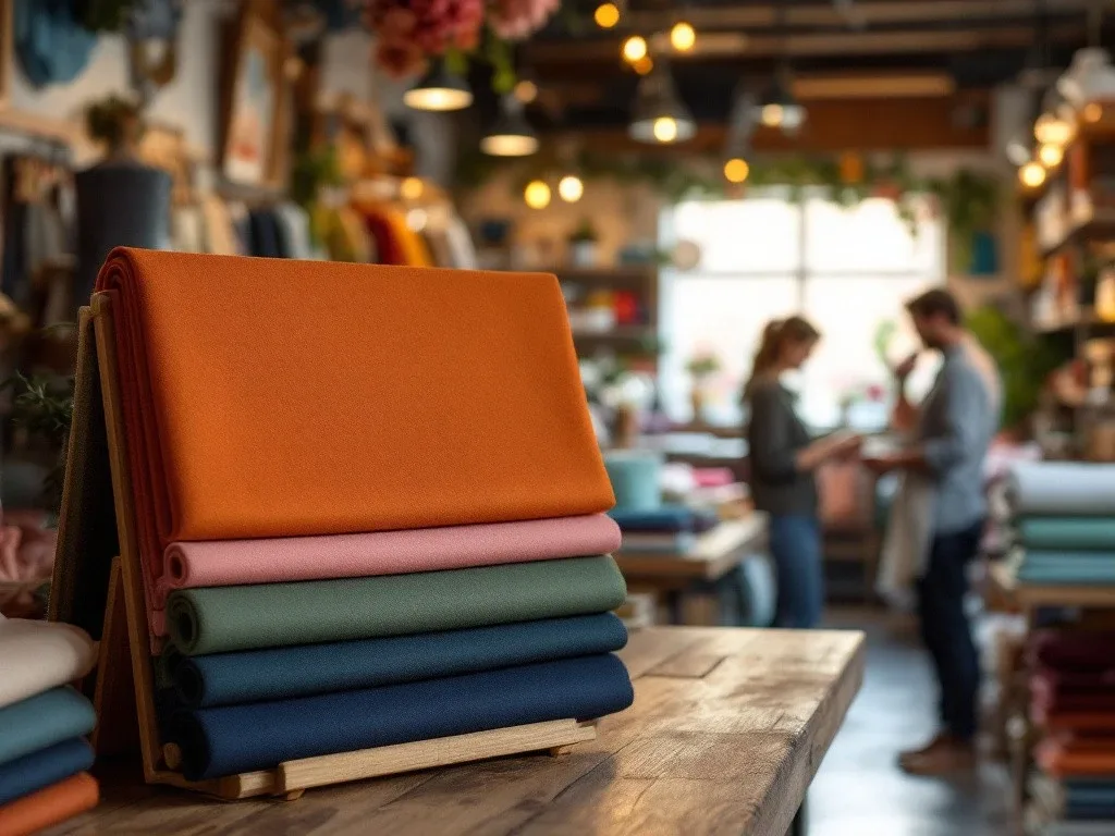 Sélection de tissus aux teintes terracotta, bleu marine, vert et rose pâle dans une boutique spécialisée, illustrant les couleurs associées à la tendance mariage.