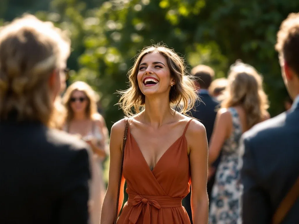 Jeune femme souriante portant une robe terracotta fluide lors d’un mariage en plein air, entourée d’invités dans une ambiance champêtre.
