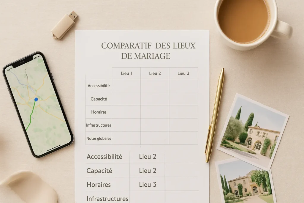 Fiche comparatif en français intitulée “Comparatif des Lieux de Mariage”, posée sur une table claire avec un stylo doré, une tasse de café, une clé USB, un téléphone affichant une carte GPS et deux photos de domaines, symbolisant la préparation et la sélection réfléchie du lieu de mariage.