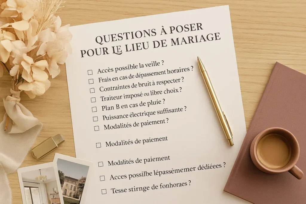Fiche en français intitulée “Questions à poser pour le lieu de mariage”, posée sur un bureau en bois clair avec un stylo doré, une tasse de café, une clé USB et des fleurs séchées, listant des questions pratiques sur l’accès, les horaires, le traiteur et les modalités de paiement, symbolisant la préparation sérieuse et méthodique du mariage.