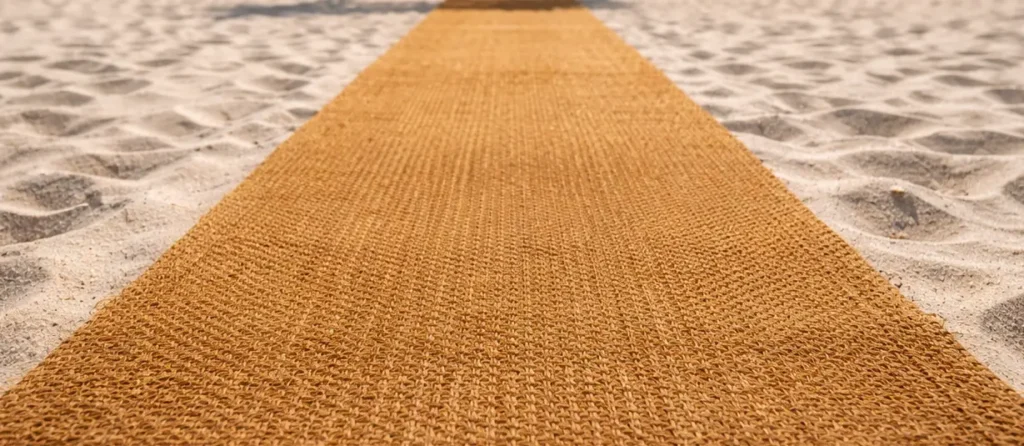 Coconut fibre ceremony aisle in natural fibre set up on the beach for a bohemian wedding and secular ceremony