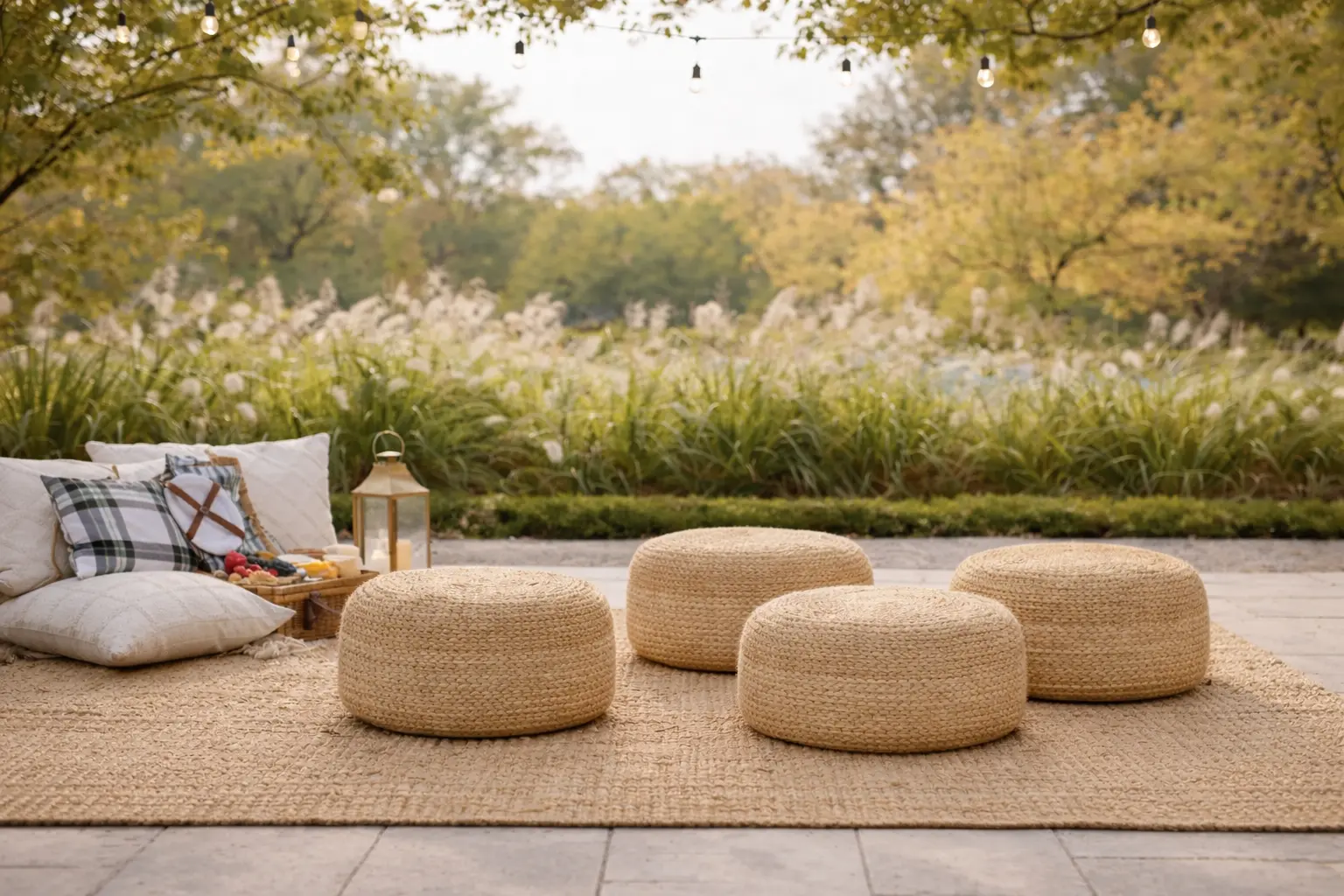 Poufs en jute naturel de 50 cm de diamètre et 20 cm de hauteur disposés sur tapis en jute pour créer un espace mariage lounge bohème