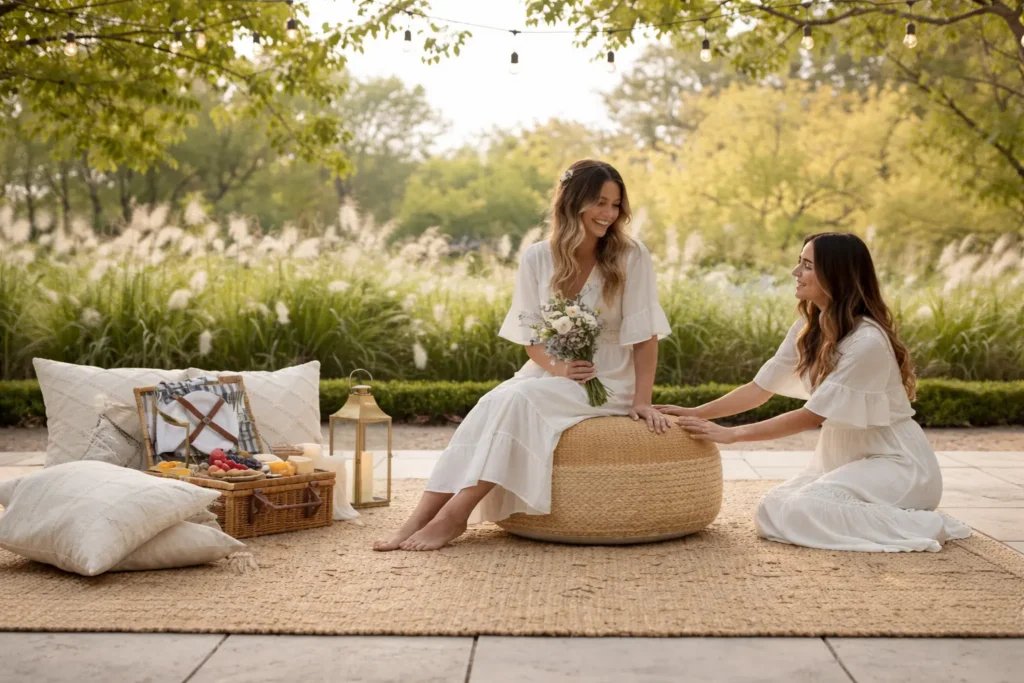 Location de tapis en jute 2x2 m avec poufs naturels pour créer un espace lounge bohème lors d’un mariage en extérieur