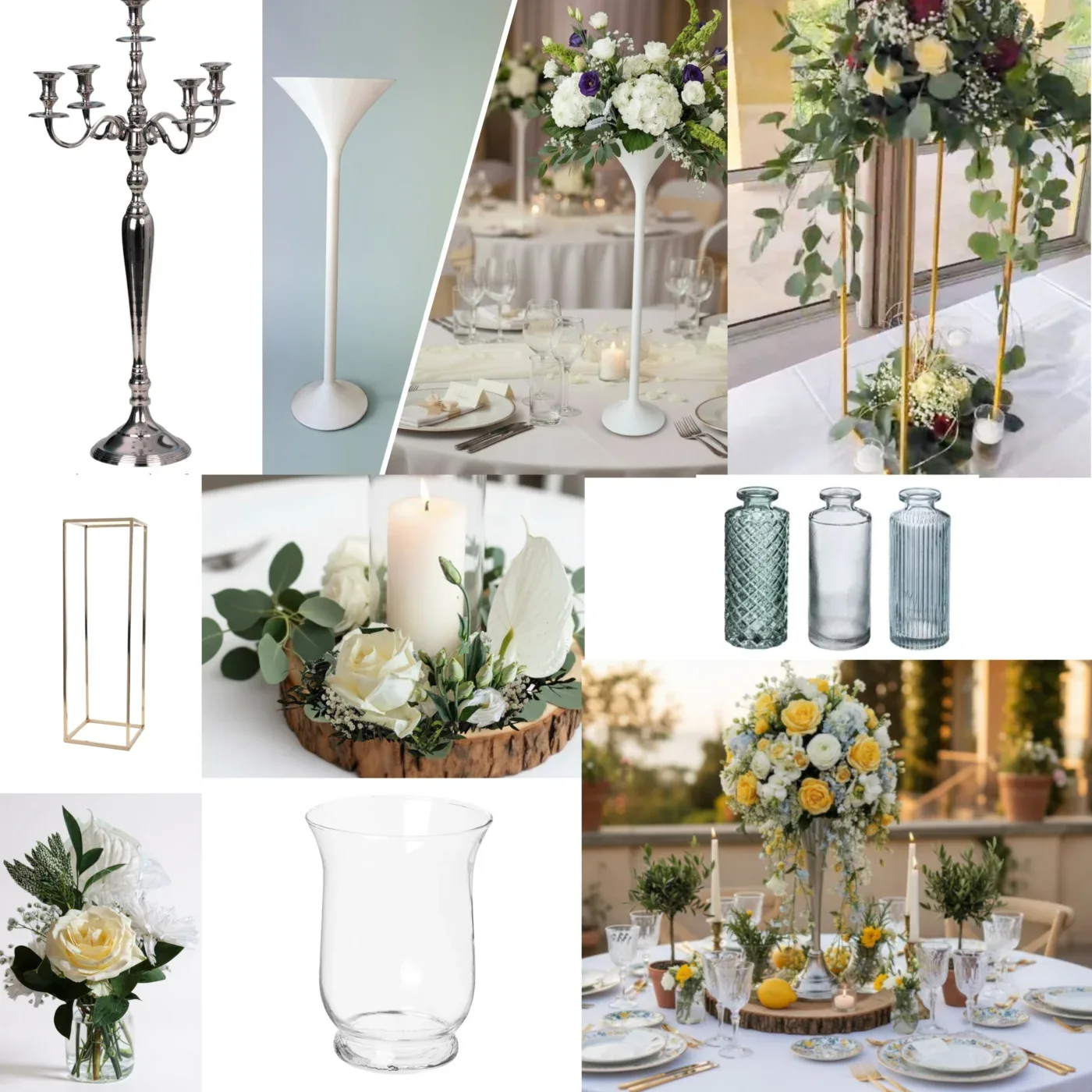 Wedding floral arrangement with candle holder, log, vase and fresh flowers